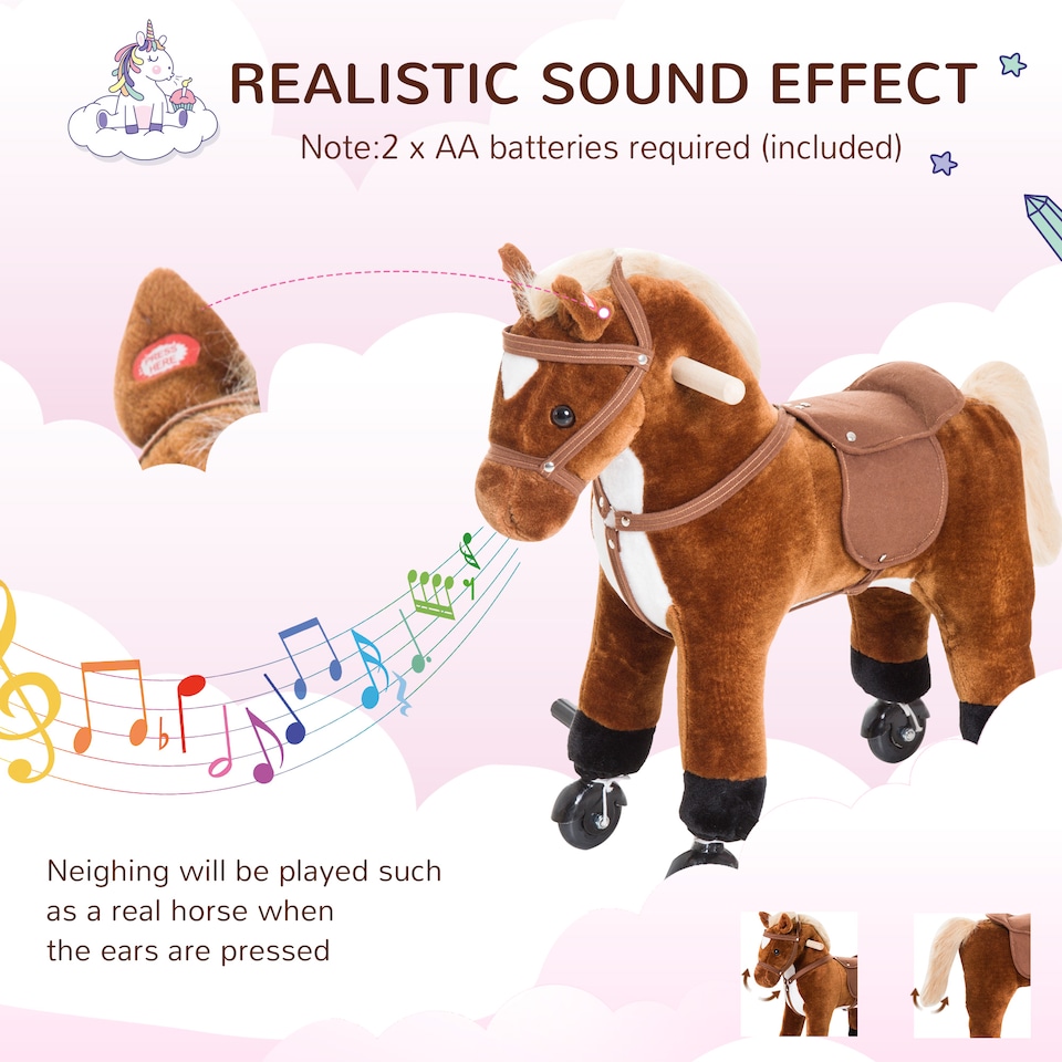 image 1 of HOMCOM Rocking Horse Kids Ride on Walking Horse Animal Pony Wheeled Riding Plush Toy withSound for 2 Years and Up (Brown)