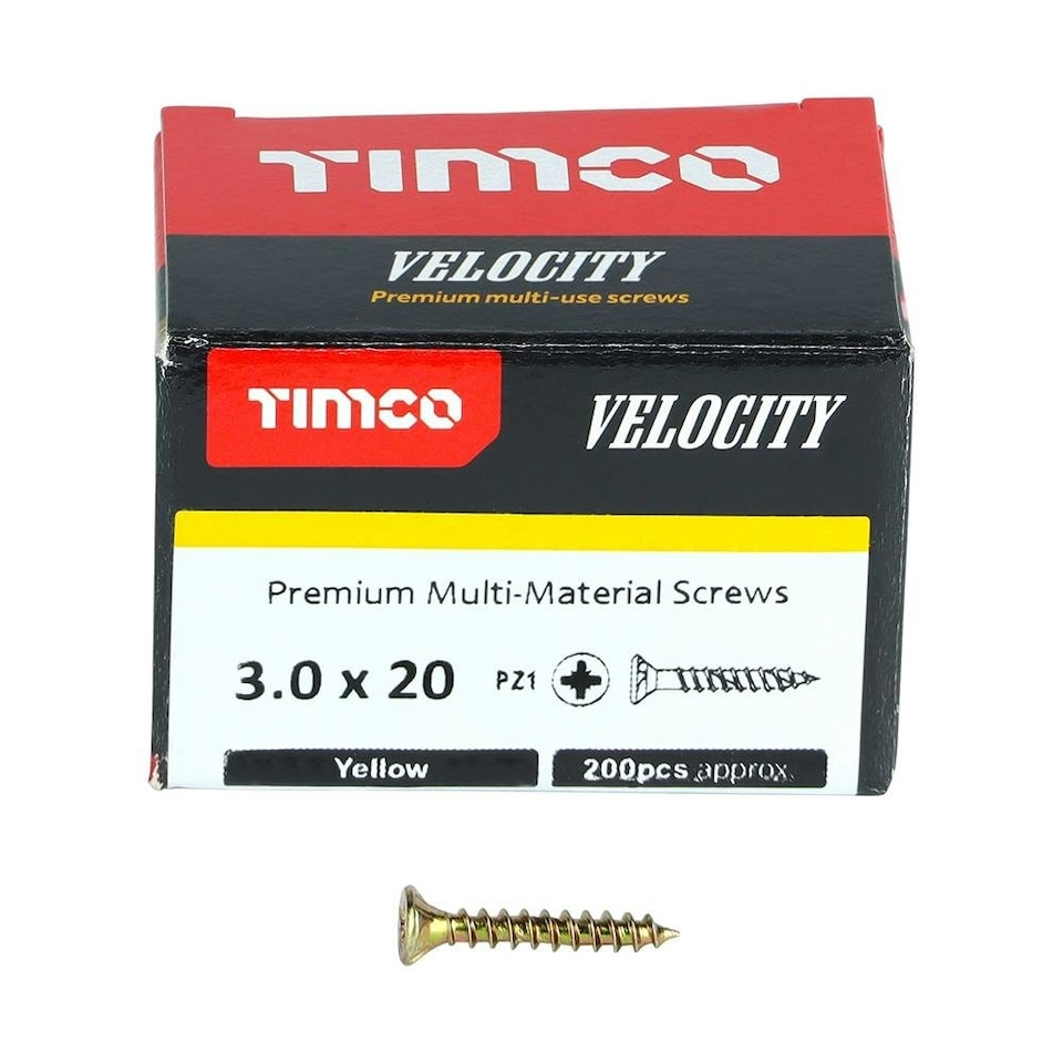 image 1 of Timco - Velocity Premium Multi-Use Screws - PZ - Double Countersunk - Yellow  (Size 3.0 x 20 - 200 Pieces)