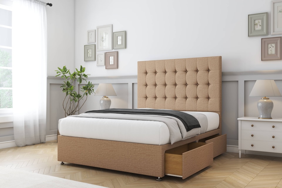 image 1 of Sloomy Alabama Latte Dumfries Divan Bed Base No Drawers With 26 Inch Strutted Headboard | Brown | Latte | Single | 1