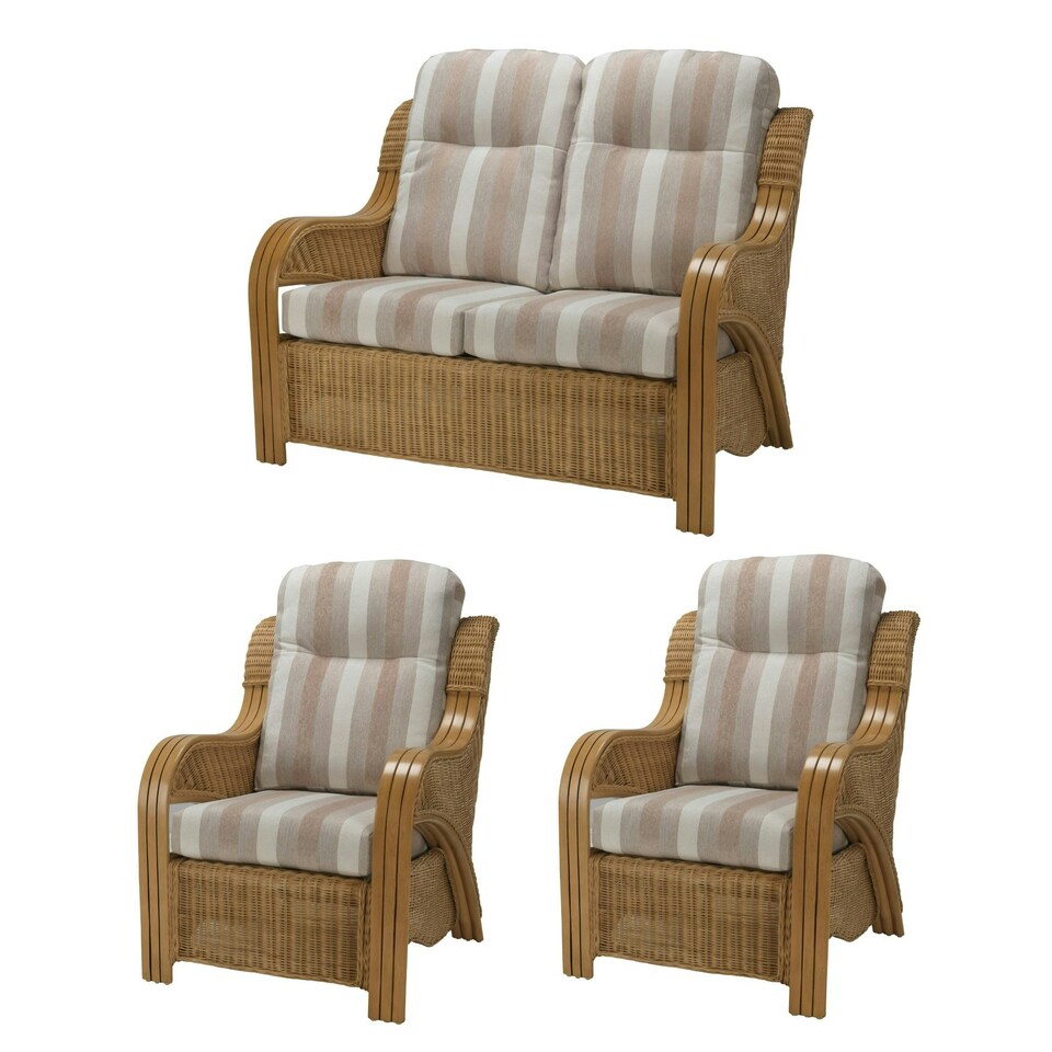 image 1 of Desser Oslo Light Oak Rattan 2 Seater Sofa Set in Duke Beige Stripe - Conservatory Sofa Suite