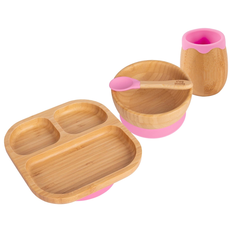 image 1 of Tiny Dining 4pc Divided Bamboo Suction Baby Feeding Set - Pink