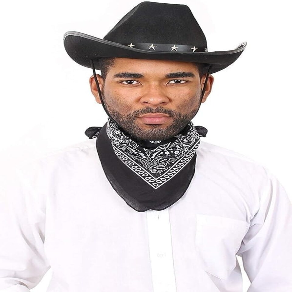 image 1 of Cowboy Fancy Dress Set – Black Studded Hat & Black Paisley Bandana Black | One Size