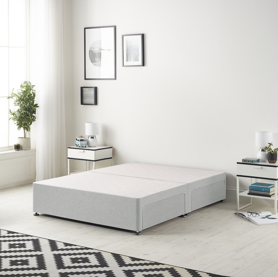 image 1 of Astoria Divan Bed Base with 2 Drawers & 30 Inch Diamante Headboard in Linen Fabric | Grey | Sage | King