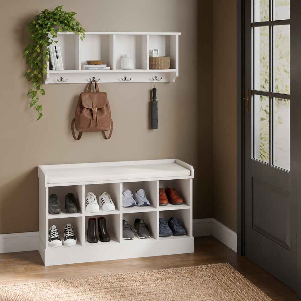 image 1 of Kempton Shoe Bench & Wall Rack | White | White