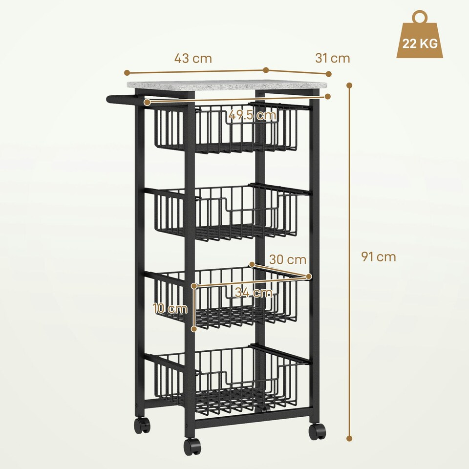 image 1 of HOMCOM 4-Tier Kitchen Island on Wheels with 4 Pull-Out Baskets, Light Grey