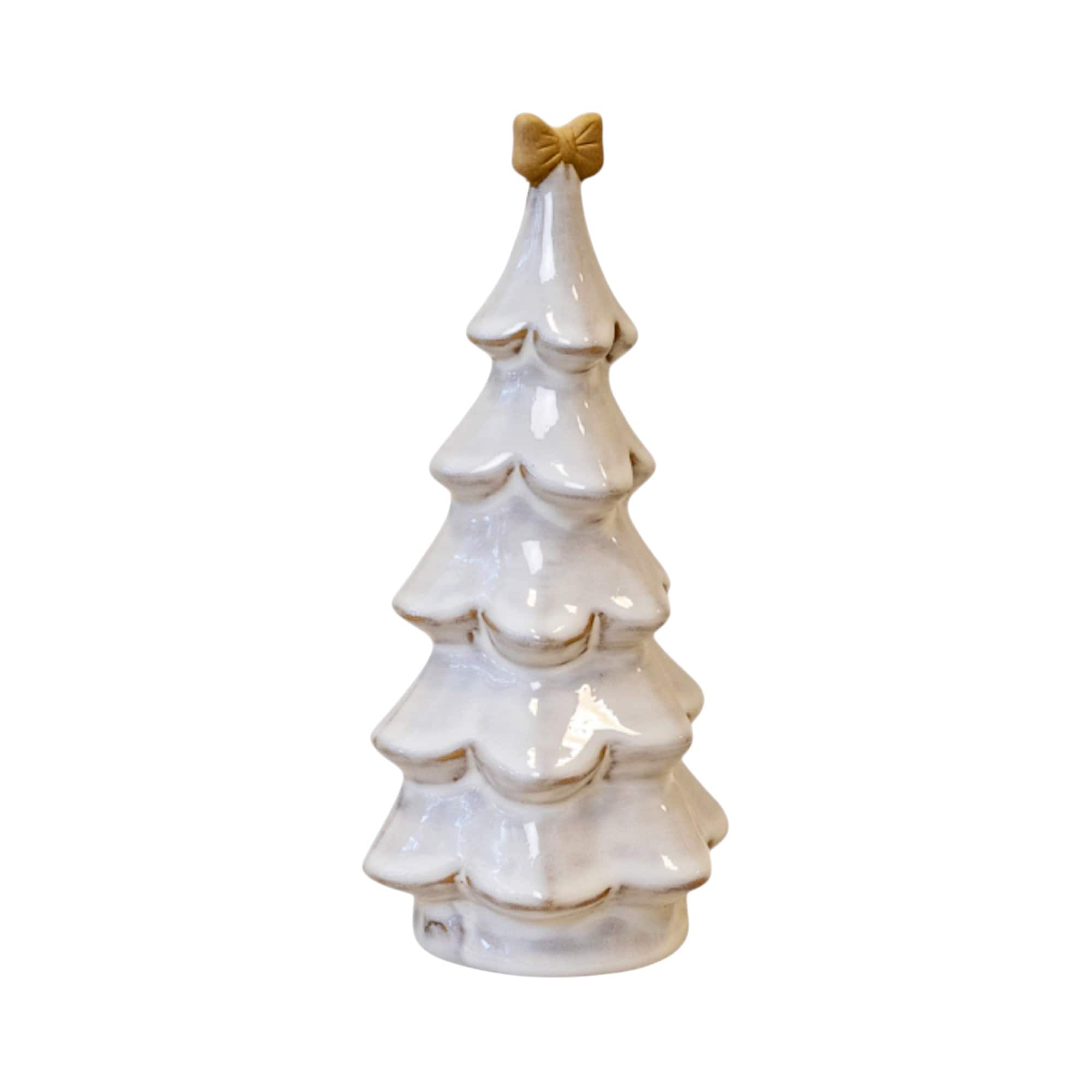 Four Candle Medium Stone Glazed Ceramic Christmas Tree with Cream Bow 20cm in Grey