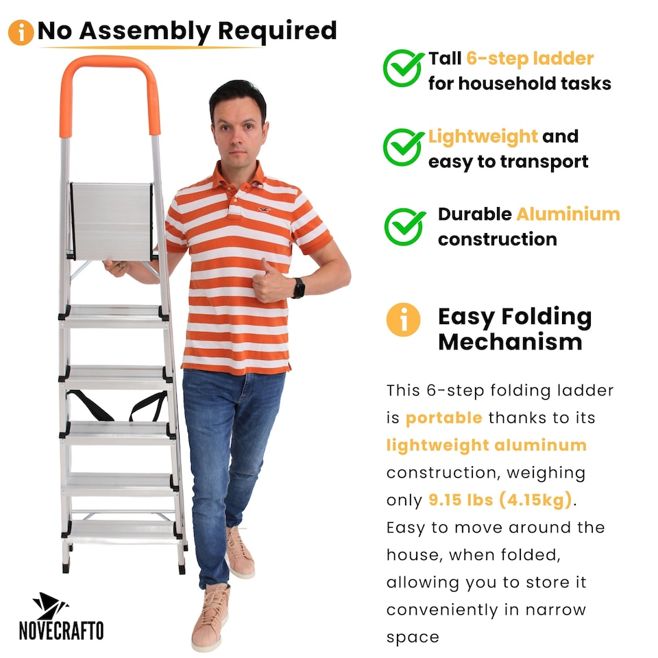 image 1 of Lightweight Step Ladders - Compact Aluminium Stepladder with Non-Slip Wide Step, Portable Silver Color - Tall Folding Ladder with Platform Silver | Orange | 6 - Step 167 cm
