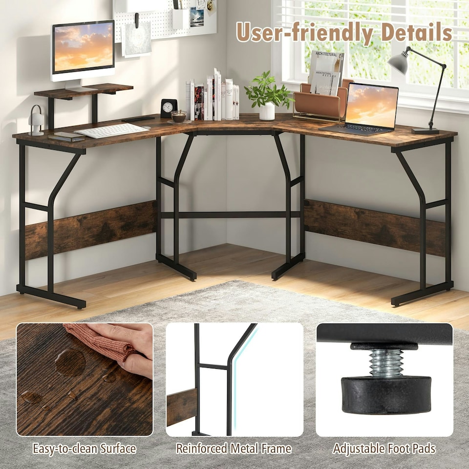image 1 of COSTWAY L-shaped Desk Corner Computer Workstation Coffee Brown
