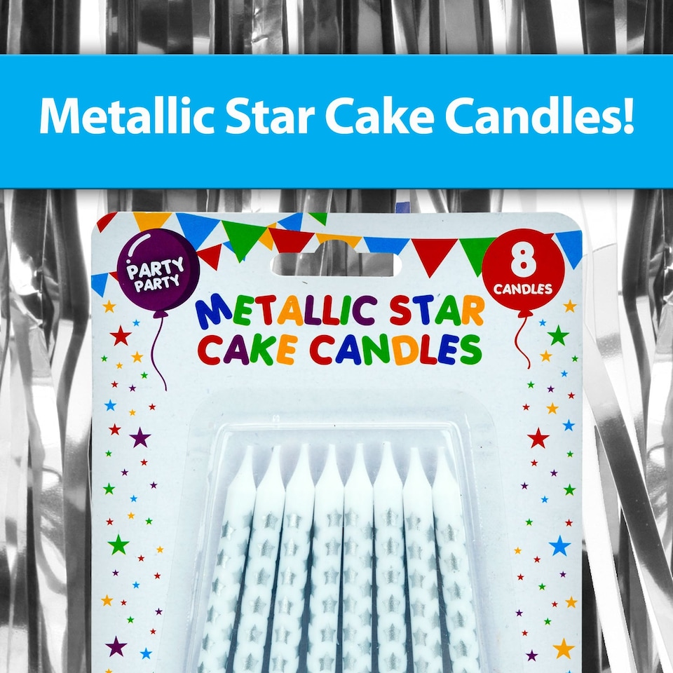 image 1 of PMS 8 Metallic Silver Birthday Cake Candles with Star Design