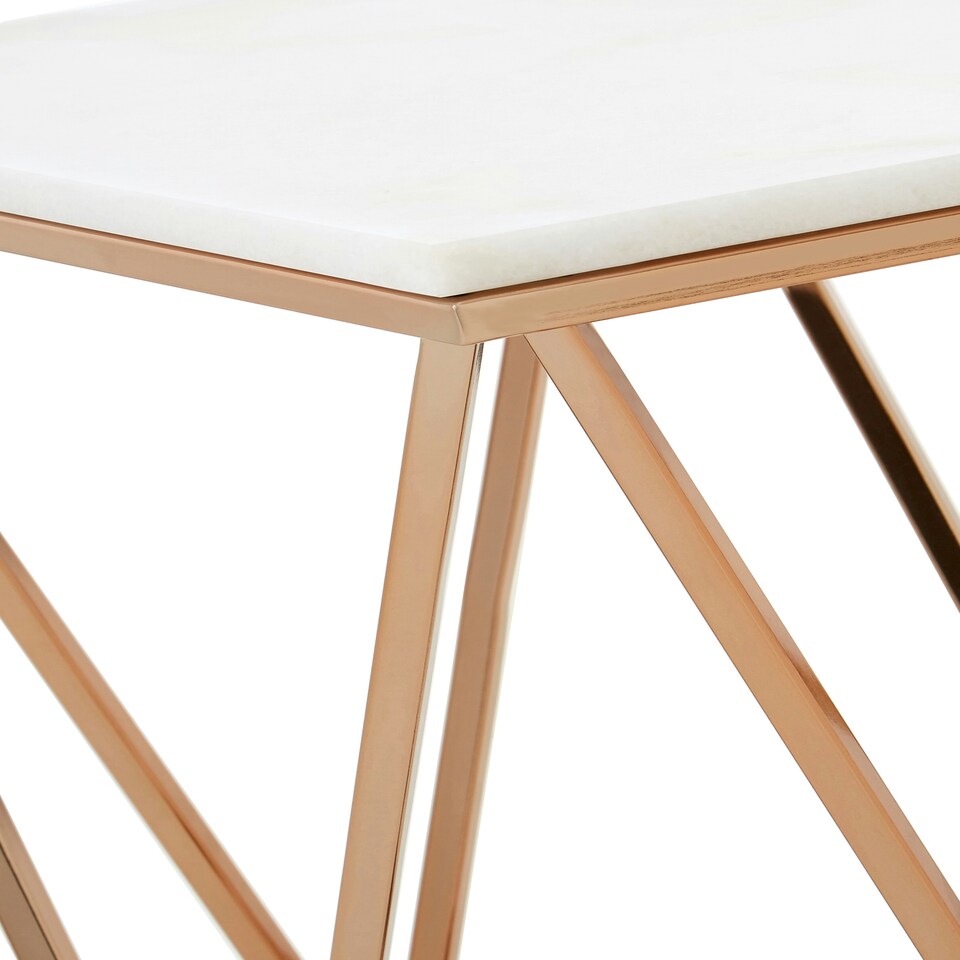 image 1 of Champagne Finish End Table With Rose Gold Legs,White Marble Top Side Table,Modern Prismatic Bedside Table