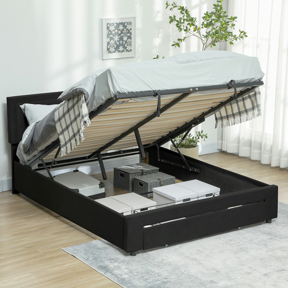 image 1 of HOMCOM Double Bed Frame with Storage and Adjustable Velvet Headboard, Black