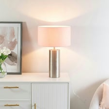 ValueLights Lexy Brushed Chrome Touch Table Lamp with Blush Pink Drum Shade