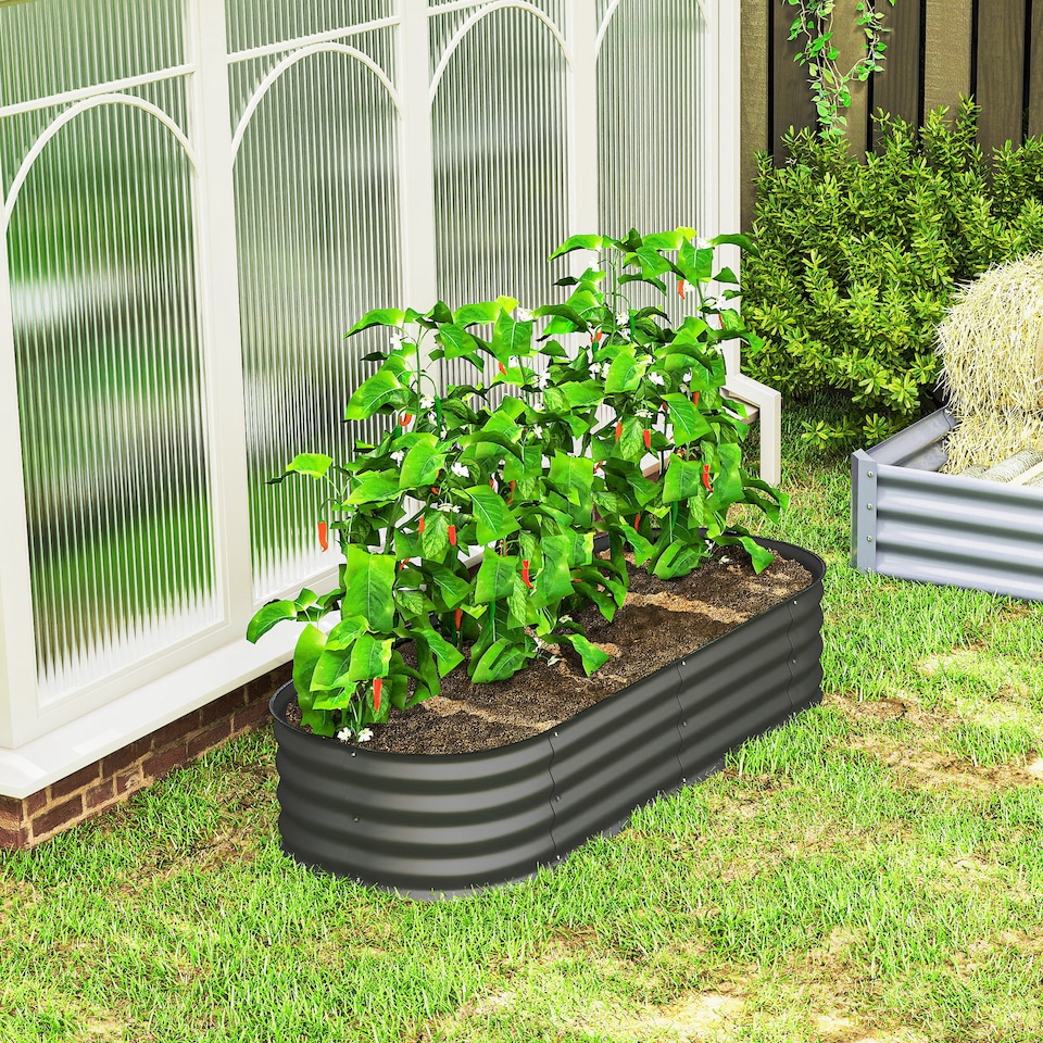 image 1 of Outsunny Galvanised Raised Garden Bed Planter Box with Safety Edging, Dark Grey