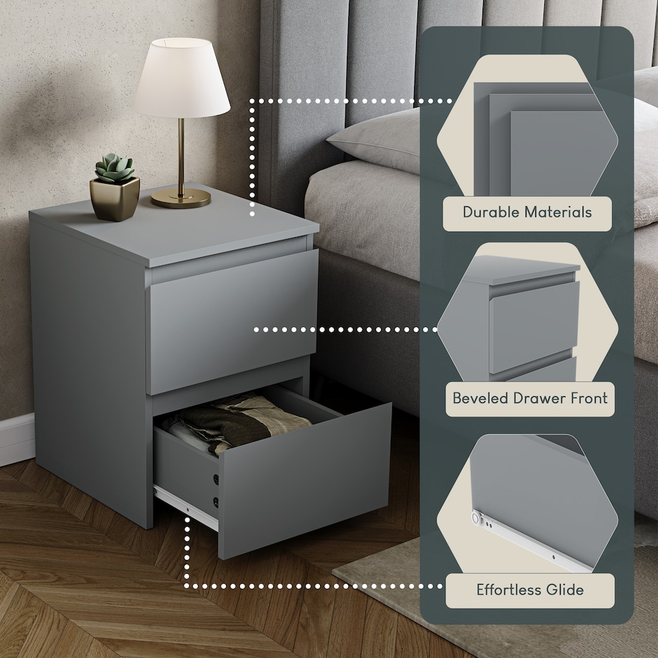 image 1 of Vida Designs Denver 2 Drawer Large Bedside Chest Cabinet Table Nightstand, Grey