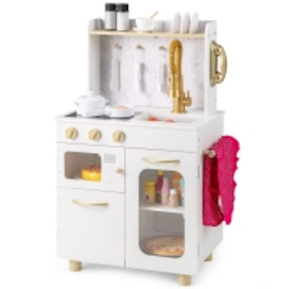 image 1 of COSTWAY Kids Kitchen Set Wooden Pretend Play Kitchen with Stoves & Sink-White
