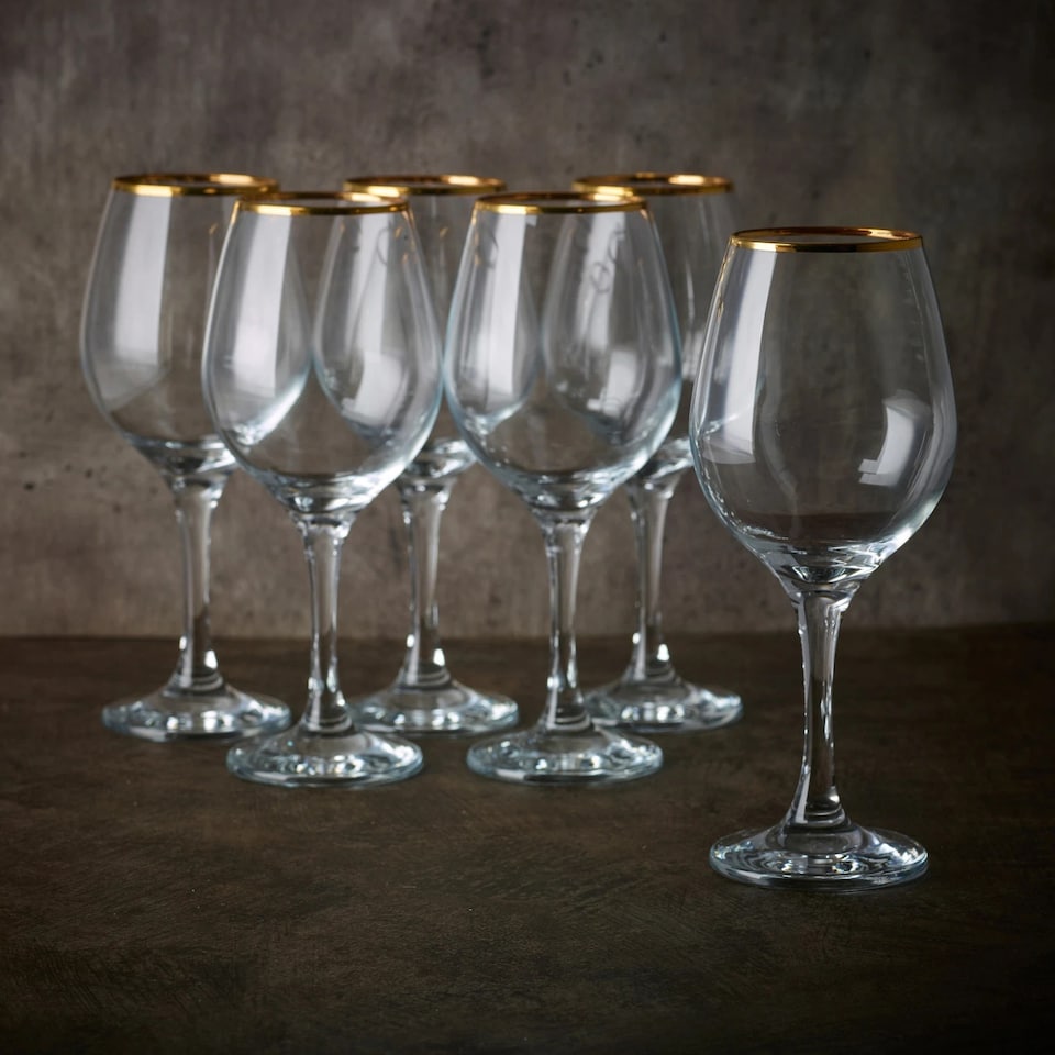 image 1 of Amber Gold Rimmed Wine Glass Drinking Glasses Sets Gift 460/365/295ml | Clear | Clear | Set of 6 365ml