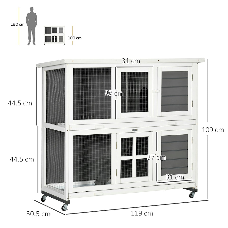 image 1 of PawHut Rabbit Hutch, Guinea Pig Cage with Wheels & Slide-out Trays, Grey