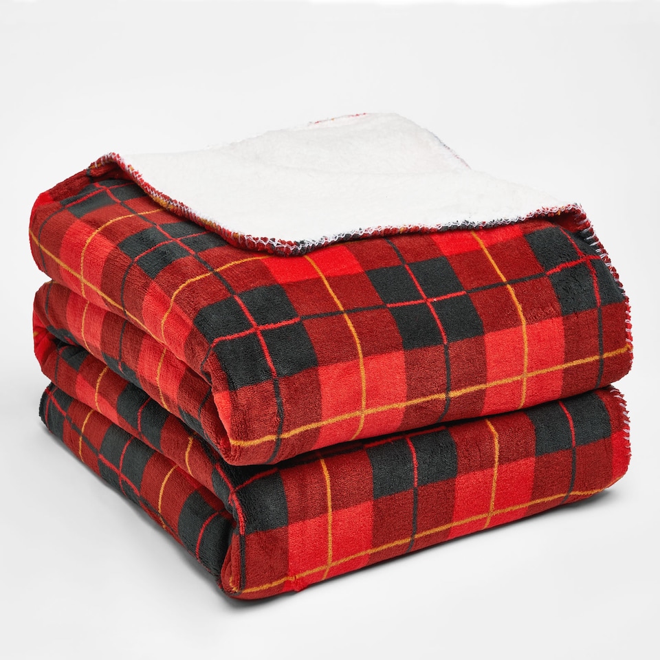 image 1 of OHS Large Tartan Sherpa Flannel Fleece Throw Over Bed Blanket Check Red