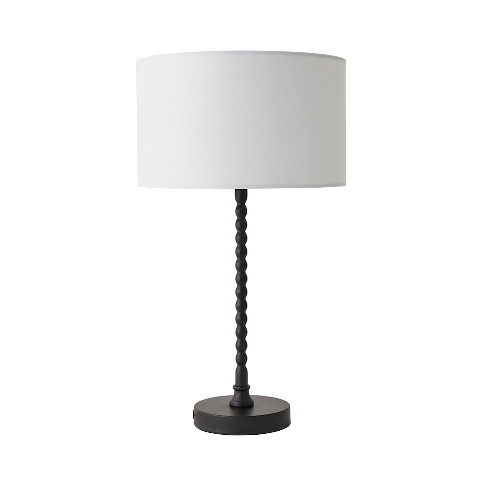 image 1 of ValueLights Maeve White Fabric Drum Lamp Shade Matte Black Bobbin Bobble Table Lamp | Black