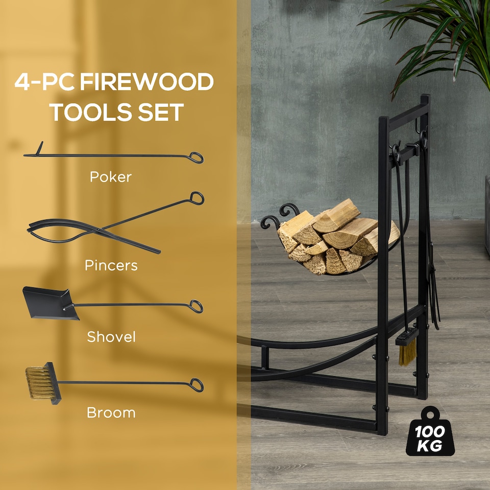 image 1 of Outsunny Metal Firewood Log Holder Indoor Outdoor Firewood Rack Fireplace 2 Tier Wood Storage Shelf with 4 Tools, Hooks, Scrolls, Black, 84W x 33D x 76H cm