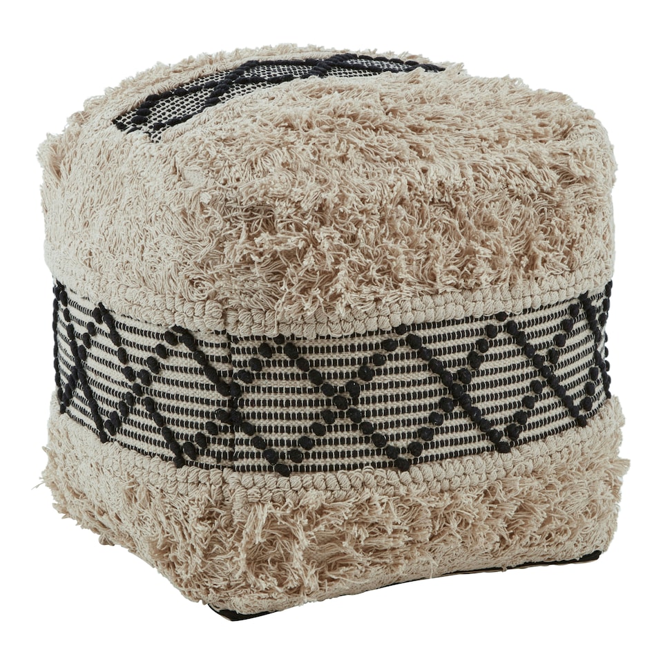 image 1 of Cefena Black and White Shaggy Pouffe Cream