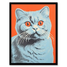 Teal Coral British Blue Cat Screen Risograph Style Spot Block Black Framed Wall Art Print A4