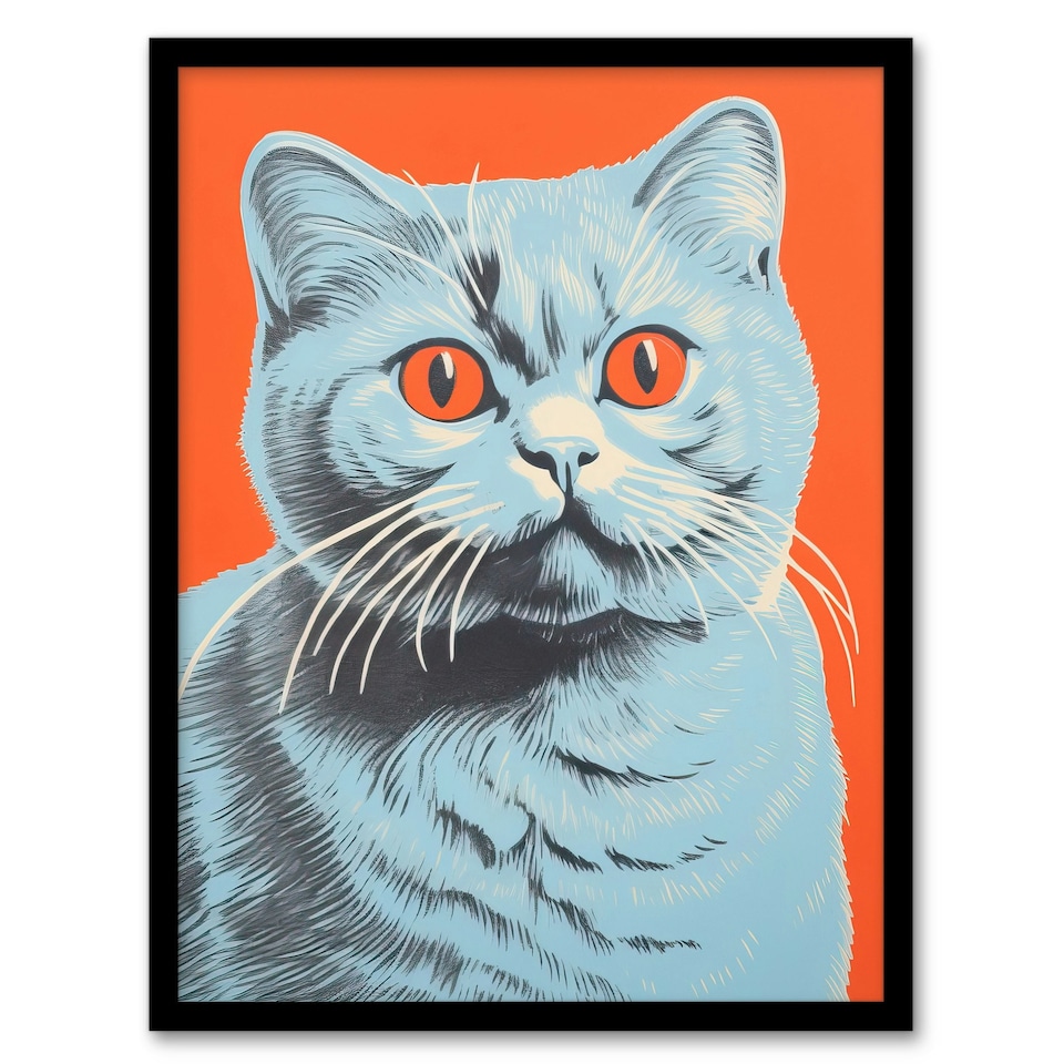 image 1 of Teal Coral British Blue Cat Screen Risograph Style Spot Block Black Framed Wall Art Print A4