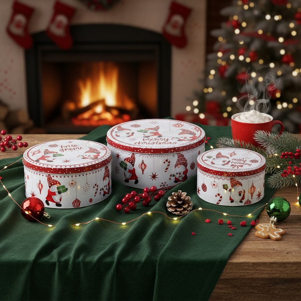 image 1 of Christmas Cookie and Cake Nesting Tin Set | Multi | Santa Gnome | 3