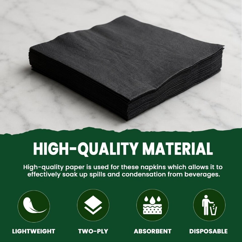 image 1 of ECONX Black 2 Ply 4 Fold Paper Napkins Tissue Serviettes for Birthdays Weddings Parties 1000PK