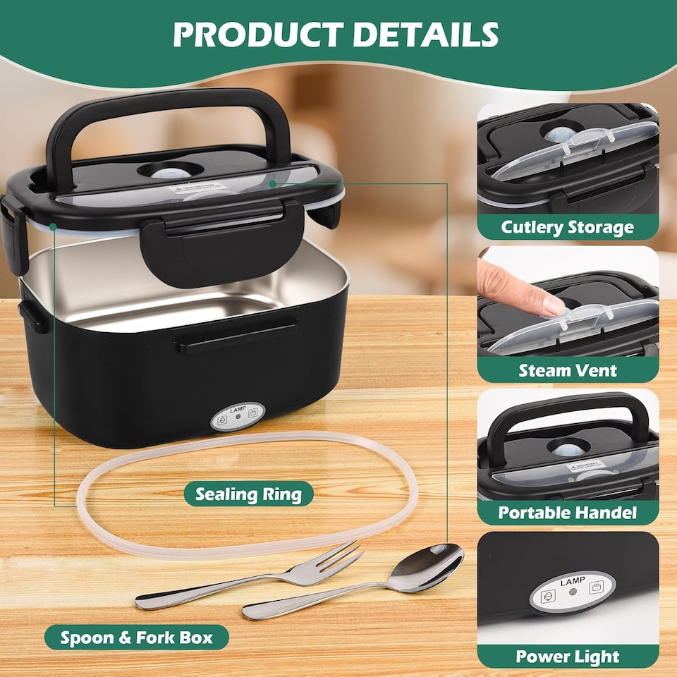 image 1 of Alivio Electric Lunch Box with 1.5L Stainless Steel & 0.5L Plastic Container, Quick Heating, Leak-Proof (Black)