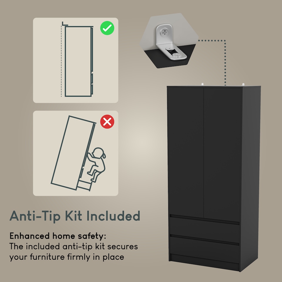 image 1 of Vida Designs Denver 2 Door 2 Drawer Wardrobe With Shelf & Clothes Rail, Black