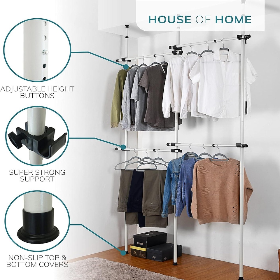 image 1 of House of Home Telescopic Double Rail Clothes Wardrobe Organise Hanging Rack Adjustable Storage | White | Not provided