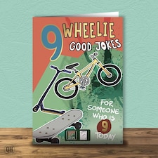 9th Birthday Card, Wheelie Good Jokes For Kids Age 9