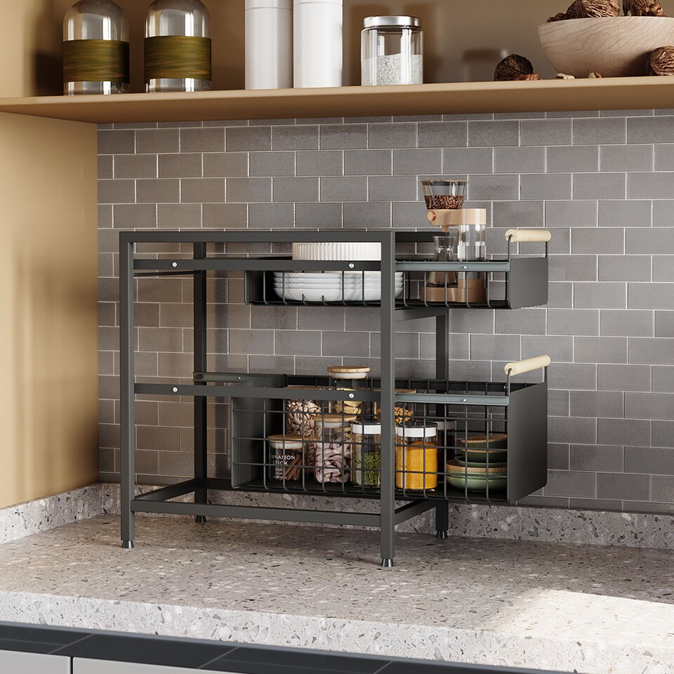 image 1 of Living and Homr Kitchen Pull-Out Storage Organiser for Cabinet, Black, Double Layer-M | Black