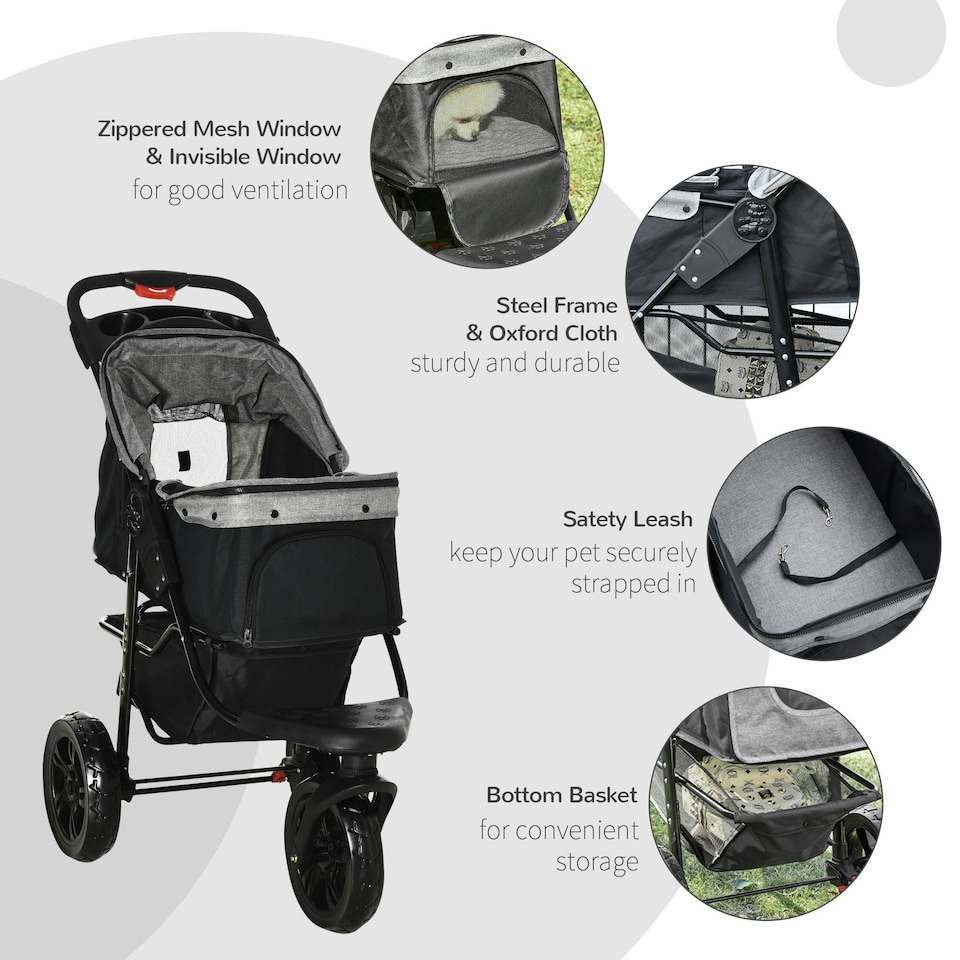 image 1 of PawHut Folding 3 Wheel Pet Stroller Travel Adjustable Canopy Storage Brake Grey