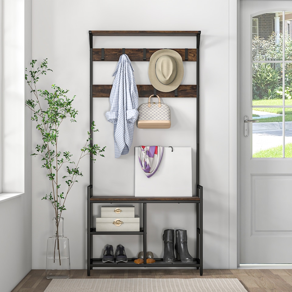 image 1 of COSTWAY 3 in 1 Coat Rack Hall Tree with Shoe Bench   Shoe Storage Coffee