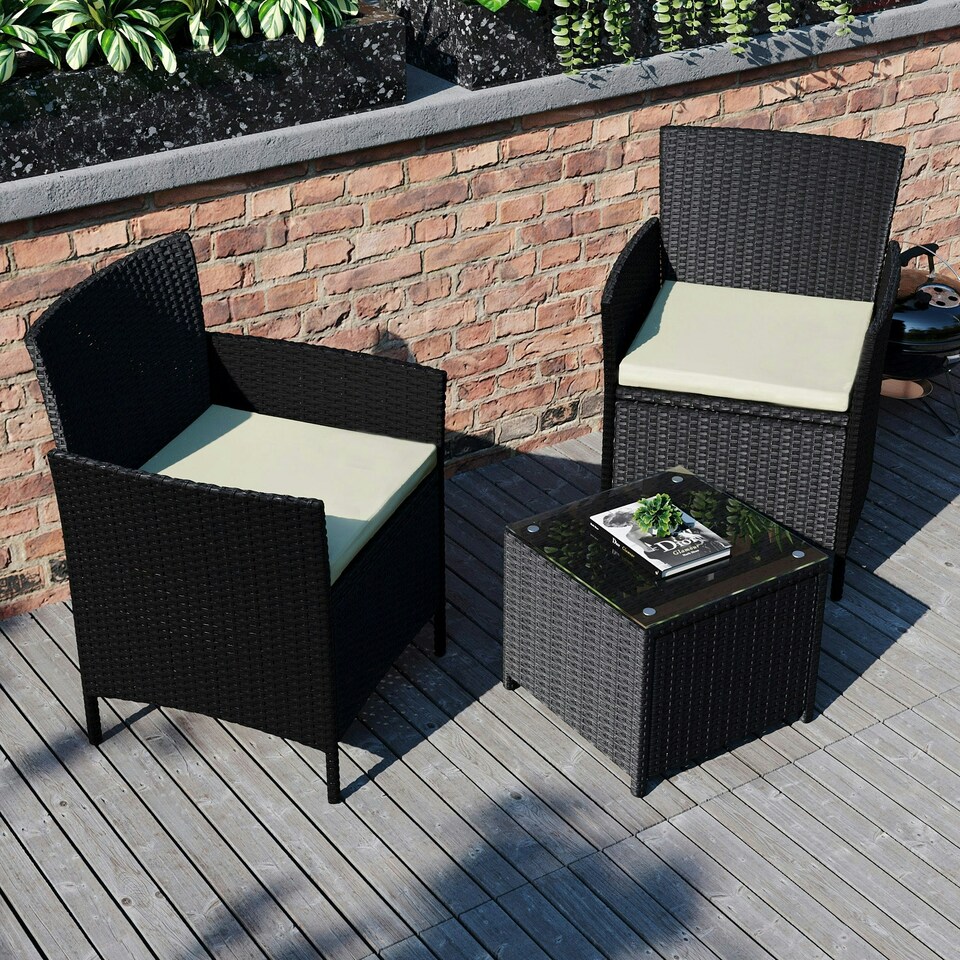 image 1 of Garden Vida Bali 2 Seater Rattan Set Chair Coffee Table Outdoor Garden Furniture, Black