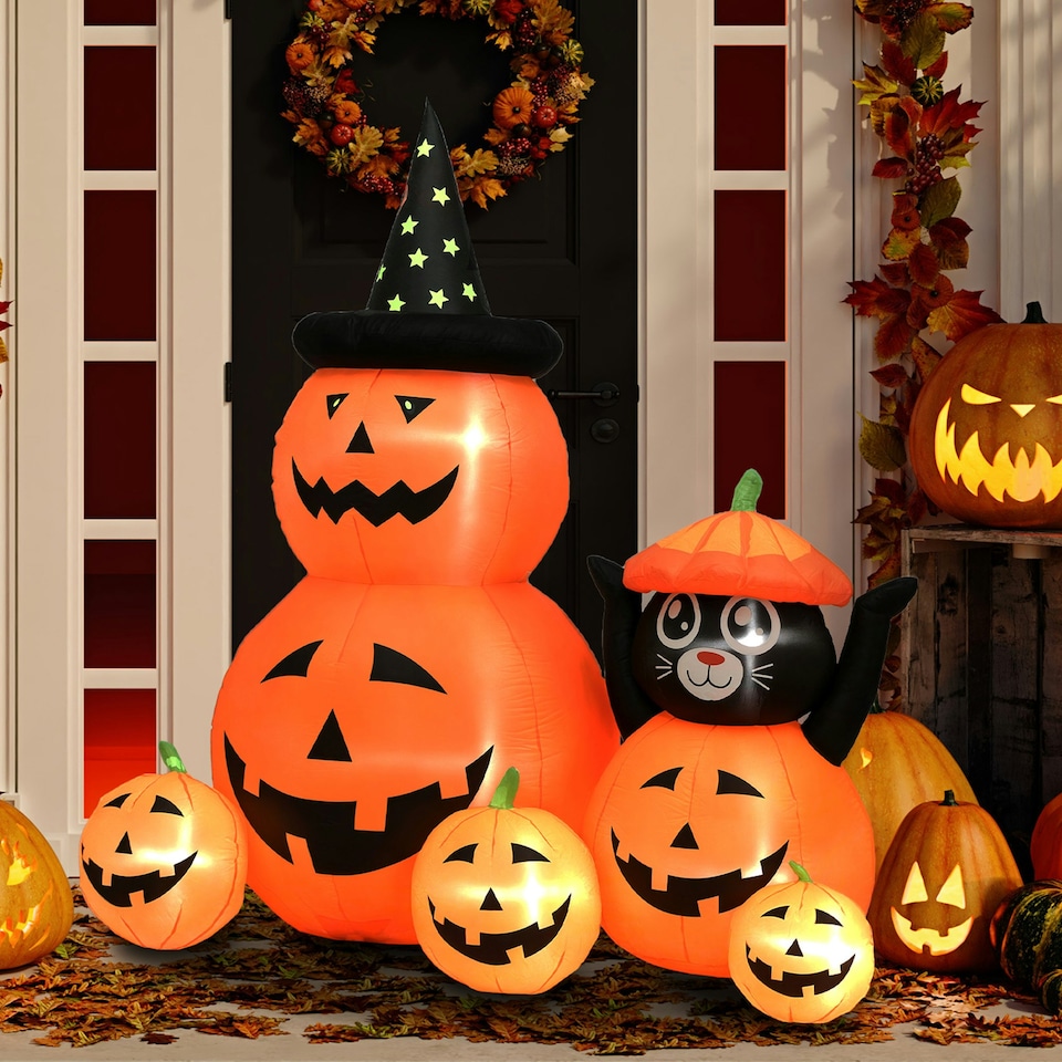 image 1 of Outsunny Pumpkin and Cat with LED Lights, Halloween Inflatables Decoration