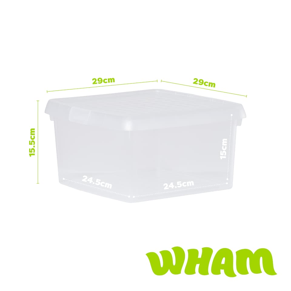 image 1 of Wham Clip 5x 9L Square Plastic Storage Boxes with Clip Lock Lids. Ideal for Home, Office, Toys & More - Clear/Clear | Clear | 5
