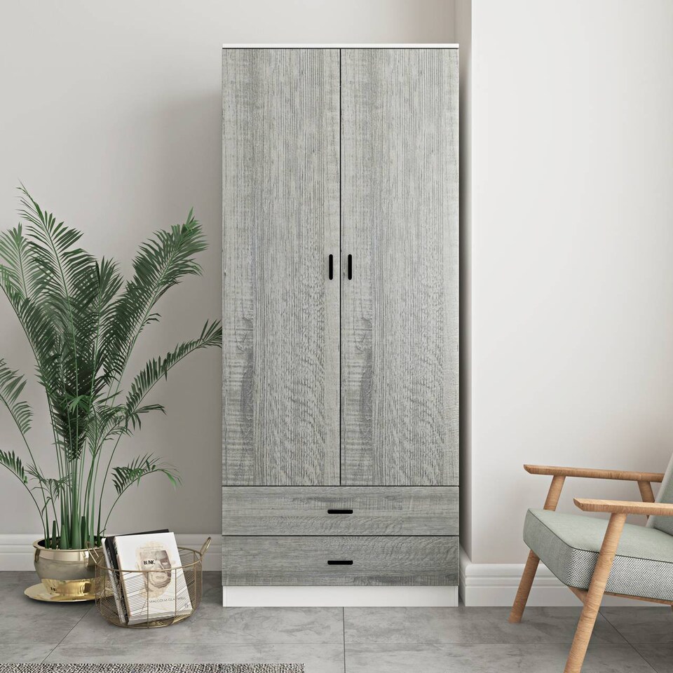 image 1 of 2-Door 2-Drawer Wardrobe with Storage Shelf, and Hanging Space - 180x75x46cm | White | White & Ash Grey | 1