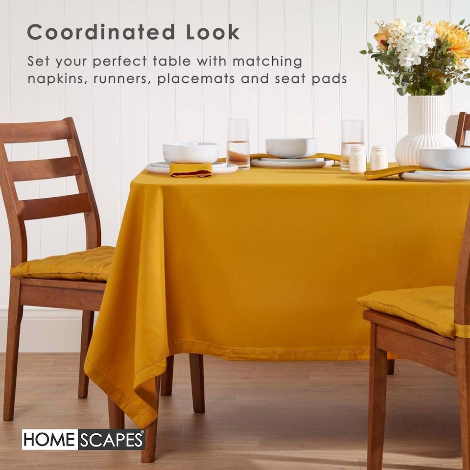 image 1 of Homescapes Mustard Yellow Cotton Square Tablecloth - 137 x 137 cm | Yellow | 137cm x 137cm (54" x 54")