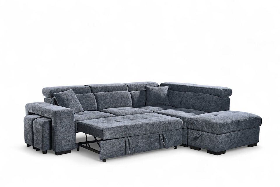 image 1 of Pale Blue Chenille Fabric 2C1 Corner Sofabed with Storage and Ottomans AMELIA