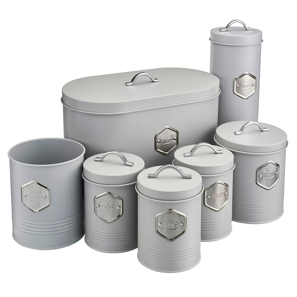 image 1 of Cooks Professional 7-Piece Kitchen Storage Set | Tea Coffee Sugar Bread Biscuit Pasta & Utensil Cannisters | Grey & Silver