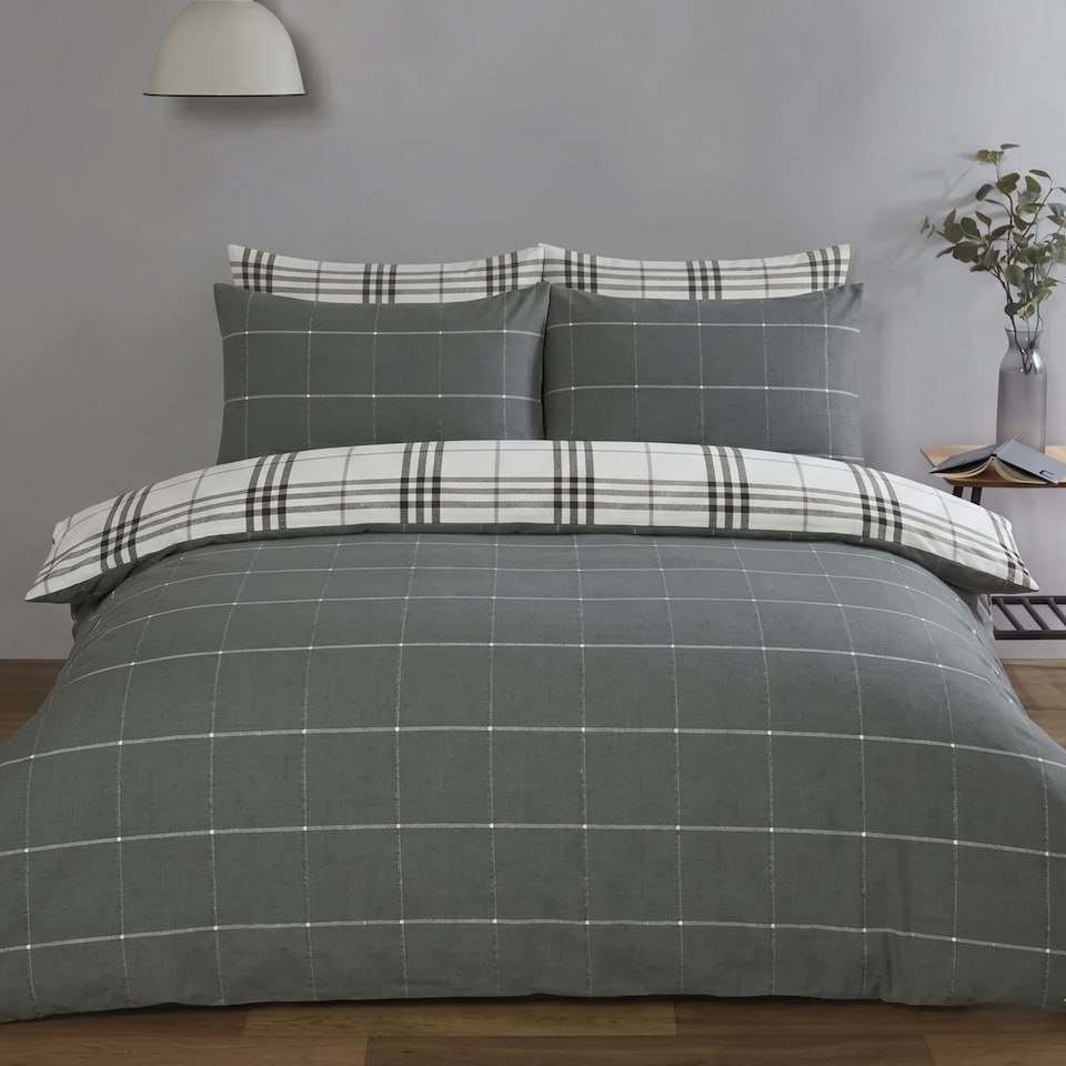 image 1 of Harris Check Polyester Duvet Cover Set with Pillowcase Grey | Double