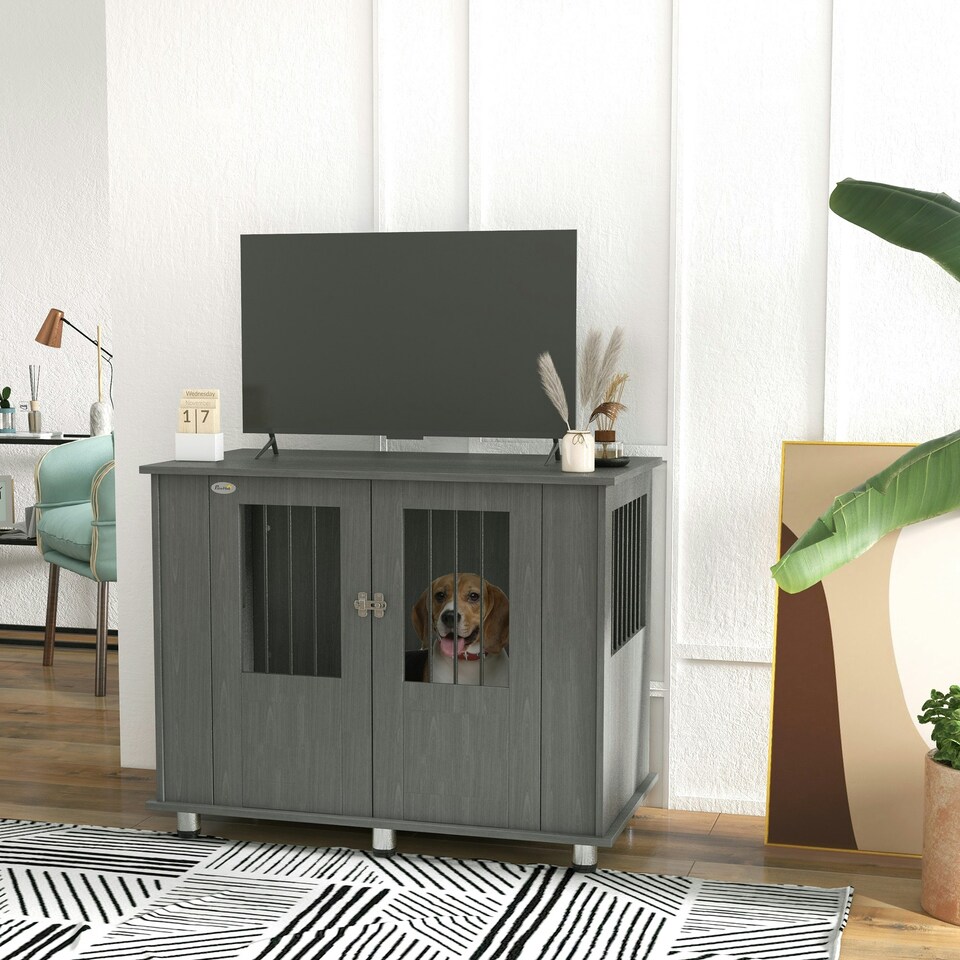 image 1 of PawHut Dog Crate Kennel Cage for Medium Large Dog, Indoor End Table, Grey