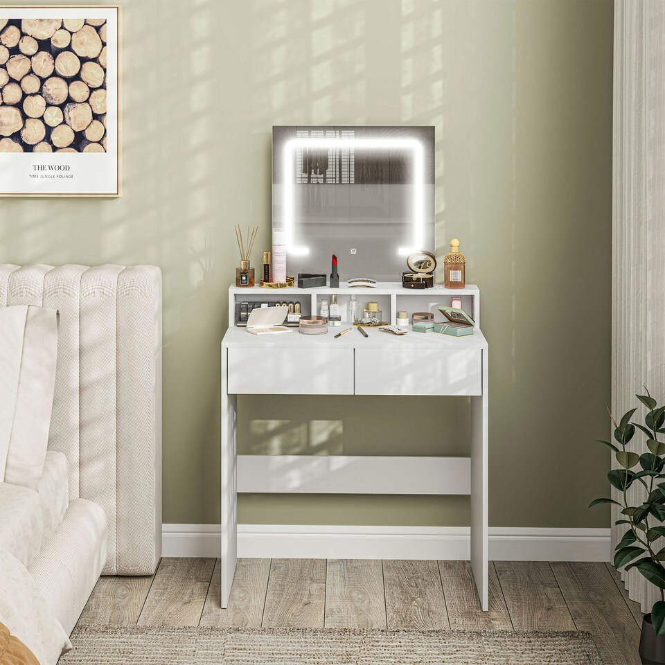 image 1 of HOMCOM Dressing Table with Mirror, LED Lights, Drawers, for Bedroom, White