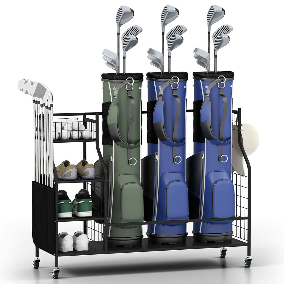 COSTWAY Golf Bag Organizer 3 Golf Bag Stand Lockable Wheels