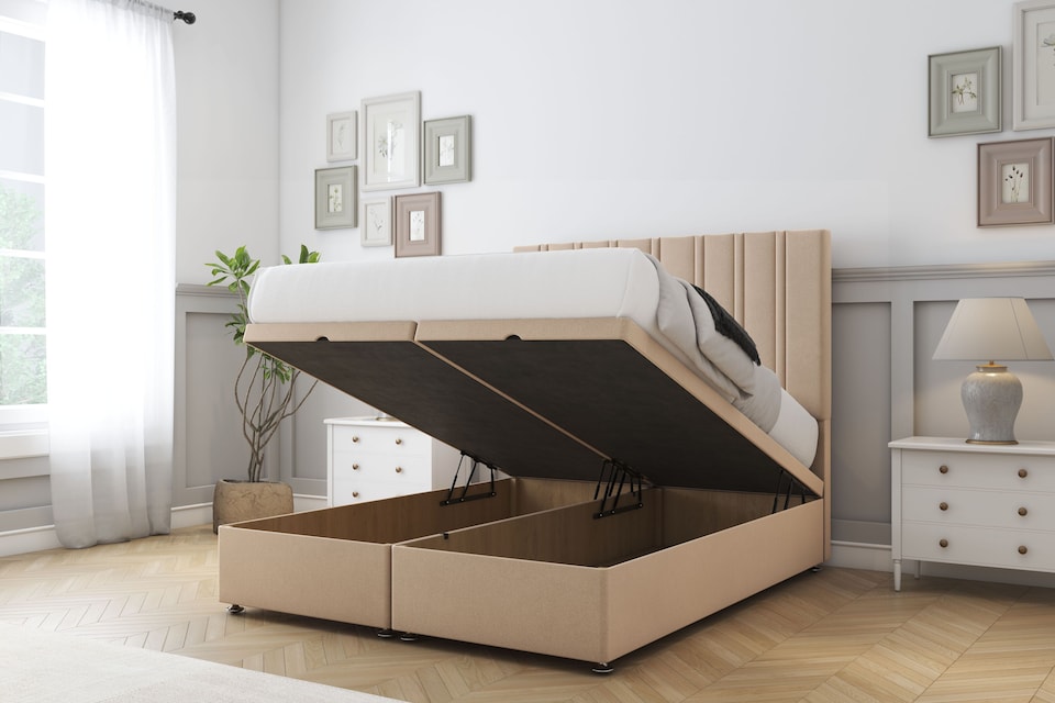 image 1 of Sloomy Langston Pebble Plush Ottoman Bed Base With 54" Floor Standing Headboard 5' King | Grey | Pebble | King | 1
