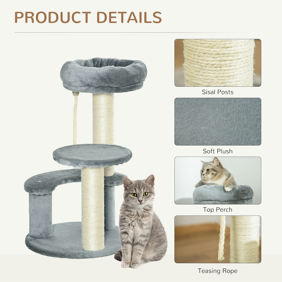 image 1 of PawHut 65cm Cat Tower, Small Cat Condo with Sisal Posts, Rope, Perches Grey