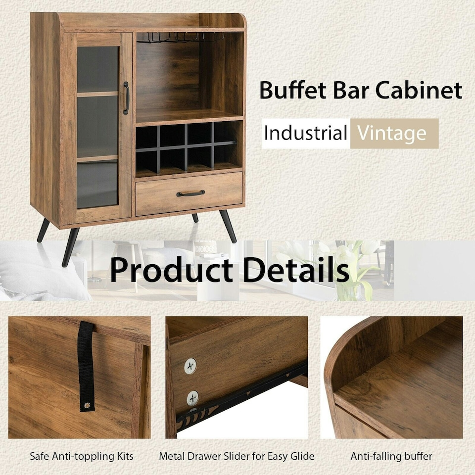 image 1 of COSTWAY Kitchen Storage Cabinet Wine Cabinet Sideboard Grey